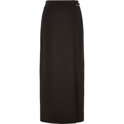 Black wrap front belted maxi skirt